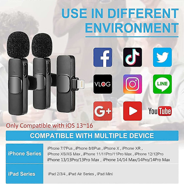Trådløs Lavalier Mikrofon til iPhone iPad, Plug and Play Mikrofon med 2 Mikrofoner til Videooptagelse, Vlog, TikTok, Youtube, Auto Connect og Smart