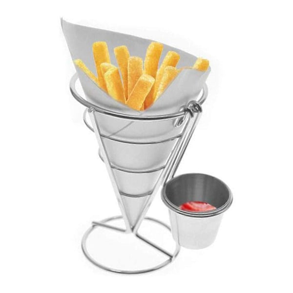 2 stk. Pommes Frites Stativ Kegle Kurv Fritureholder med Sauce Dyppere Metal Stegt Kylling Display Stativ Trådstativ