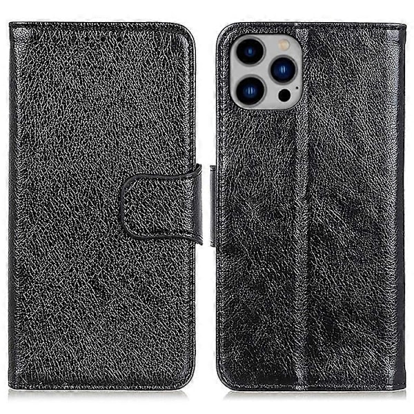 Kompatibelt För iPhone 15 Pro Delat Läder Telefonfodral Nappa Textur Stötsäkert Skal med Ställ Plånbok Black