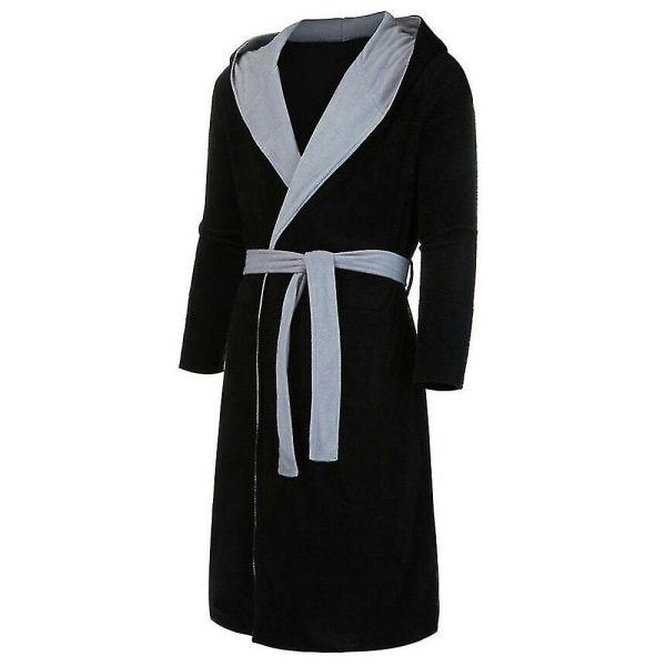 Huvförsedd Badrock för Män Mjuk Fleece Morgonrock Patchwork Nattkläder Black XL