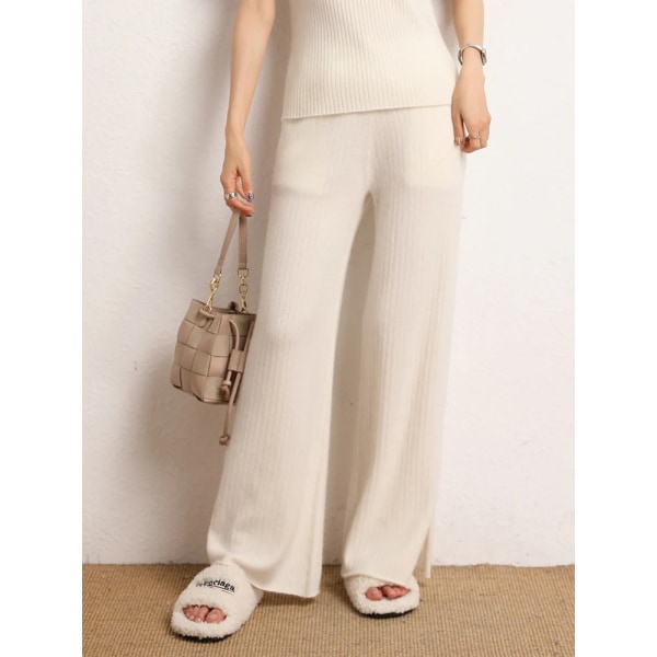 Nya Chic 100% Kashmir Dam Wide Leg Byxor Höst Vinter Casual Hög Kvalitet Mjuka Varma Stickade Drop Mop Byxor Koreansk Mode bai rong M