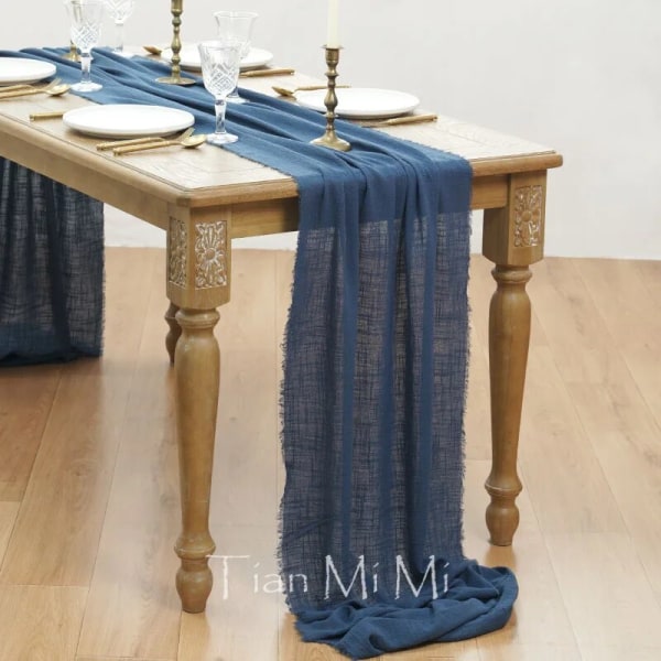 Pöytäliina Rustiikkinen Puuvillaharso Kangas Ruokailu Juutti Retro Purupinta Vintage Häät Juhlat Pellava Joulukoristeet Prussian blue 62x300cm