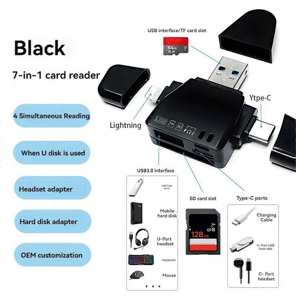 7-i-1 Kortläsare Multifunktionell Universal Telefon Datoradapter SD Kortläsare TF U-Disk Typ-C