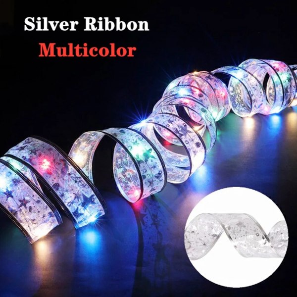Julebånd Fe Lys Juledekoration DIY Sløjfer Lyskæde Træpynt Til Hjemmet 2023 Julepynt Nytår Navidad Silver-Multicolor 1M