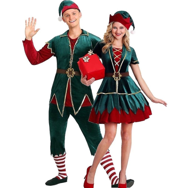 Dame Herre Jul Julenisse Kostyme Xmas Grønn Alv Cosplay Kostymer Dress For Voksne Women-Green XL