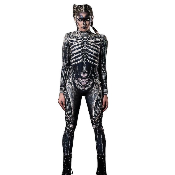Halloweenkostym för damer Skelettmönstrad Bodysuit Skinny Jumpsuit Adult L