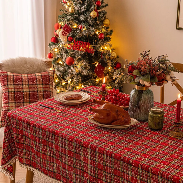 Joulukoristeet Uudenvuoden pöytäliina Ruudullinen Lumihiutale Xmas Koti Ruokapöydän Cover Suorakulmainen Sohvapöytä Pöytäliina Big red plaid snowfl 140x300cm