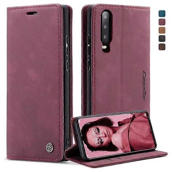 CASEME 013-serien Kompatibel med Huawei P30 Stötsäkert PU Läder Ställ Skydd Anti-repa Plånboksfodral Red