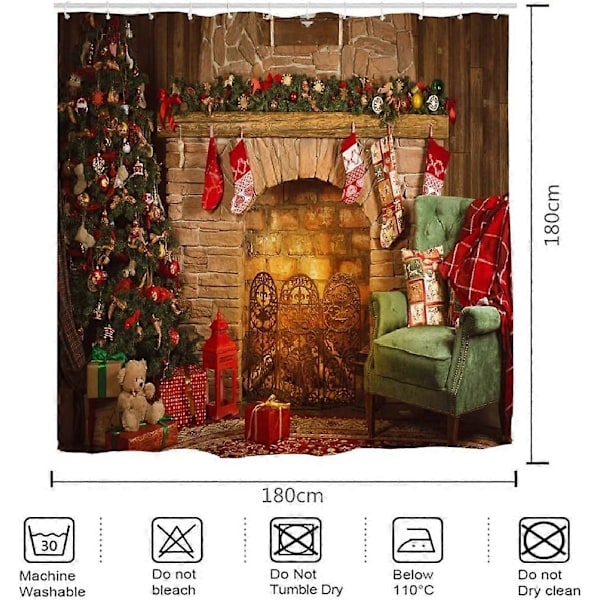 180 x 180 cm, Farverigt Glædelig Jul Bruseforhæng, Juletræer, Pejs, Murstensbund, Vandtæt, Badeværelsesforhæng