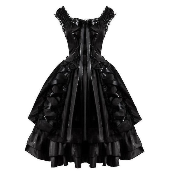 Klassisk sort lagdelt snøret Goth Lolita kjole til kvinder middelalder renæssance tøj M