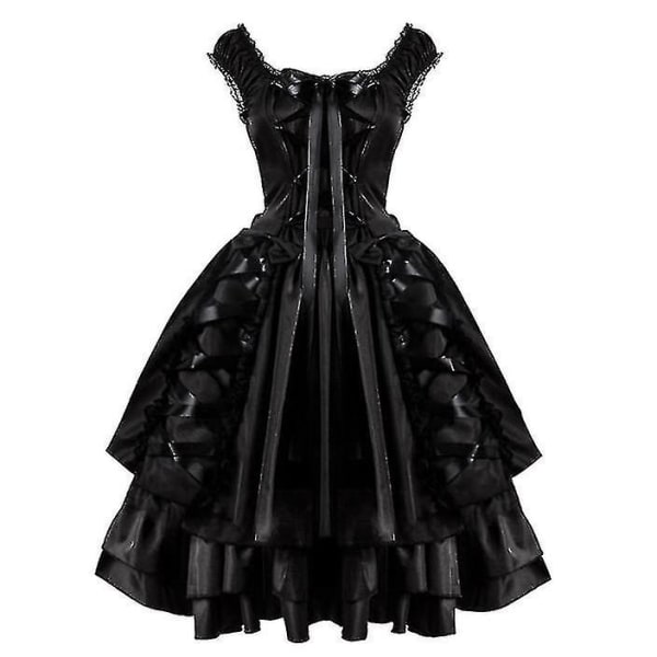 Naisten klassinen musta kerroksinen nauhallinen Goth Lolita -mekko keskiaikainen renessanssin vaatteet L