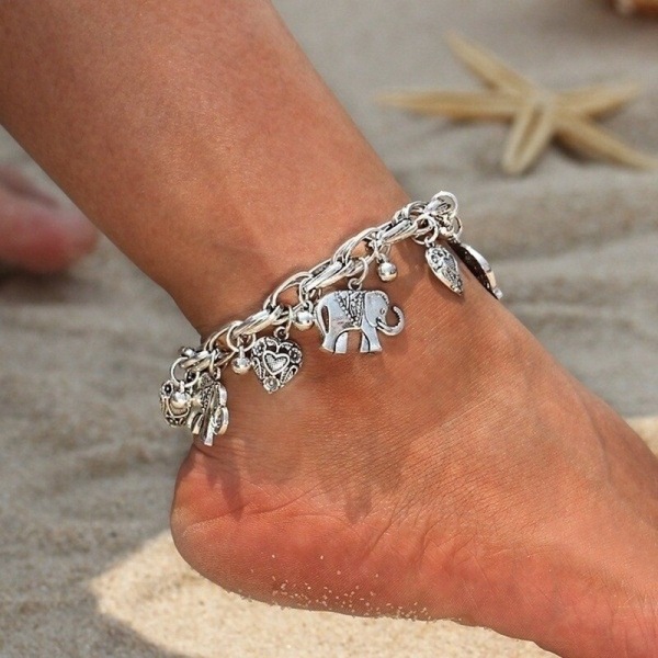 Mode Kvinnor Sommar Strand Elefant Fotlänk Unisex Metall Hjärta Snideri Fotlänk silver color