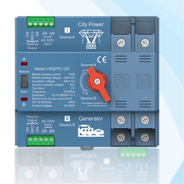 ATS Dubbel Ström Automatisk Omkopplare för Generator eller PV-Energi till Stadsström Omkopplare Generator 125A 2P