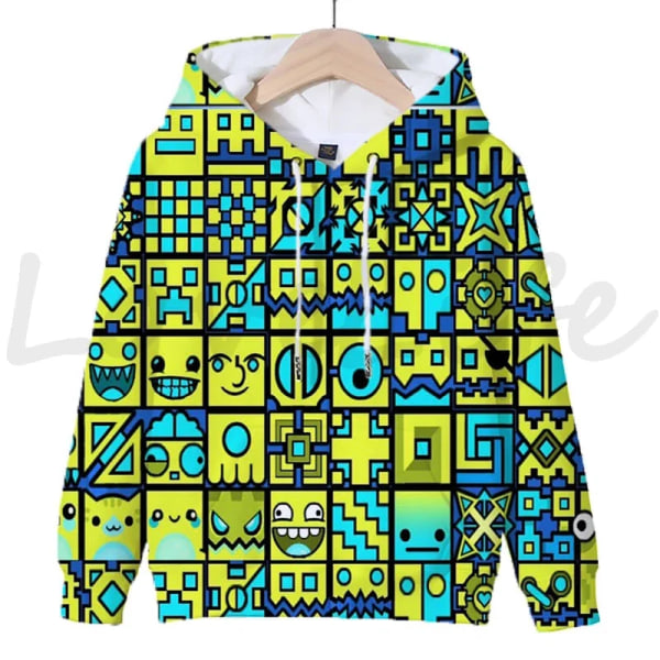 Angry Geometry Dash Hoodies för barn, Tecknad Spel Tröjor för barn, 3D-tryckt Hoody, Pullovrar för flickor och pojkar Ivory 130