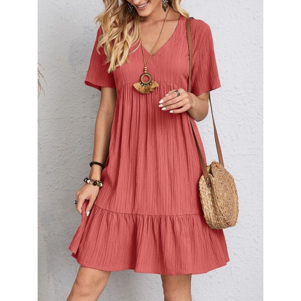 Dame Vintage Mini Kjole Sommer Mote Ensfarget V-hals Løs Knytekjole EA04632-Red XL