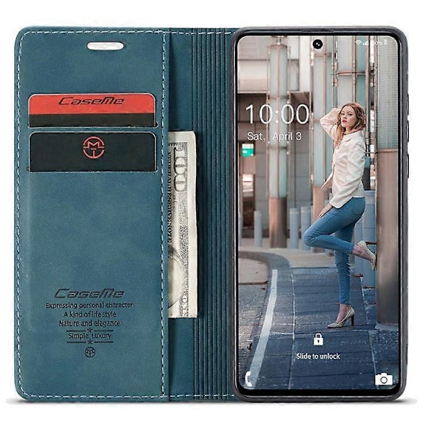 CASEME 013 Serie Magnetisk Smartphone Cover Kompatibel Med Samsung Galaxy M51, PU Læder Wallet Foldbart Stativ Telefon Cover Blue