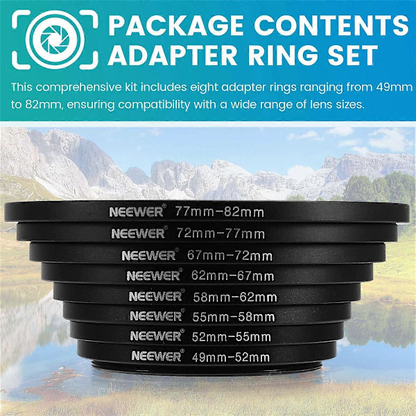 Adapterirengassarja 49-52-55-58-62-67-72-77-82mm, Premium-anodisoitua alumiinia parannettuun valokuvaukseen