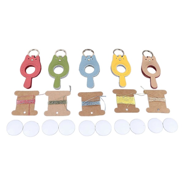 5 Set Läder Nyckelbricka Kit DIY Hantverk Kattform Läder Nyckelring Kit för Väska Bilhänge