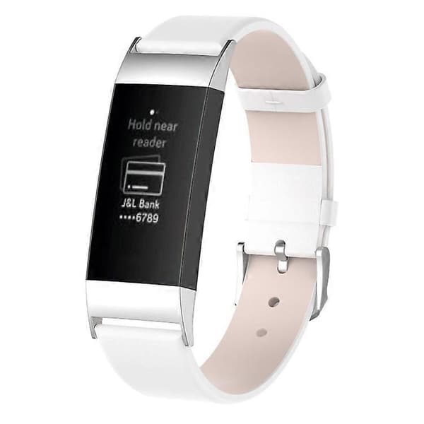 Kompatibel med Fitbit Charge 4 / 3 Ægte læder urrem med rustfrit stålspænde White