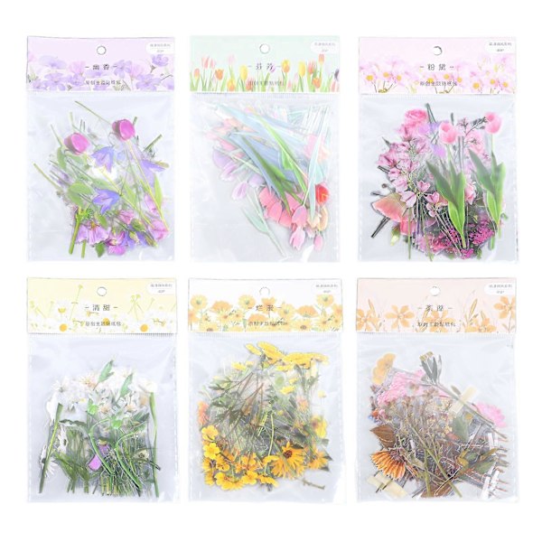 6-pack Blomsterdekaler Set DIY Handgjorda PET Transparenta Blomsterblad Dekaler för Scrapbooking Fotoalbum