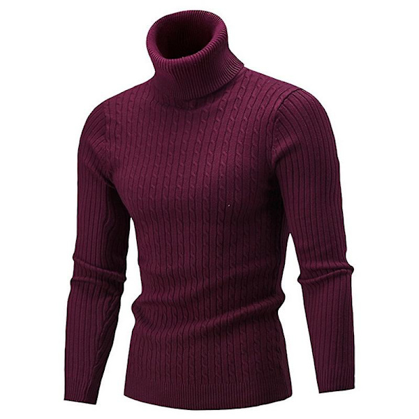 Varm Vinter Genser med Høy Hals, Casual Herre Rollneck Varm Strikket Genser, Hold Varmen Herre Jumper, Strikket Ullgenser Wine Red XXL (75-90KG)