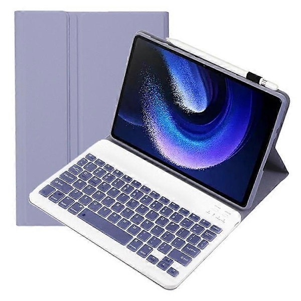 A0N7 Kompatibel for Xiaomi Pad 6 / Pad 6 Pro PU Lærdeksel Ultratynt Stativ Nettbrettveske med Avtakbart Bluetooth-tastatur Purple
