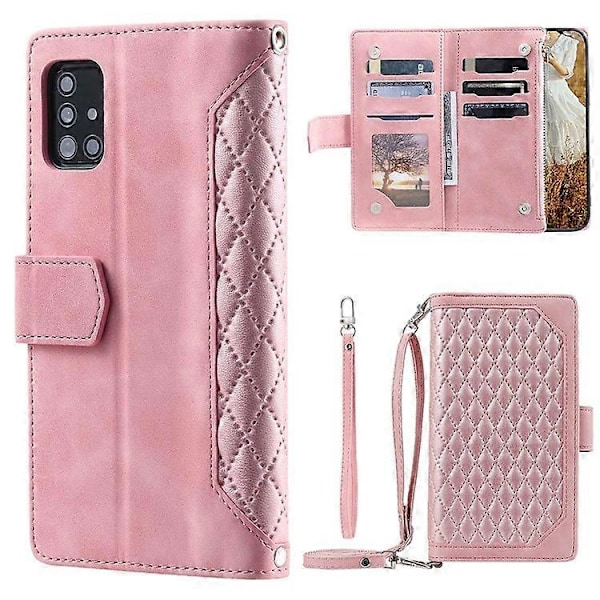 005 Tyyli Yhteensopiva Samsung Galaxy A51 4G SM-A515:lle, Ruutukuvioinen Lompakkomallinen PU-nahkainen Puhelinkotelo Vetoketjutaskulla ja Jalustalla Pink