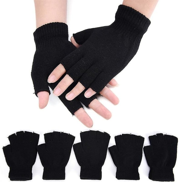 1 par sorte fingerløse handsker med halve fingre til kvinder og mænd, strikket i uld til håndled