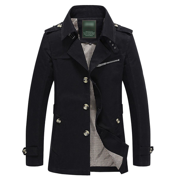 Herre Bomuldsjakke Ensfarvet Slim Fit Efterår Revers Casual Trenchcoat Black L