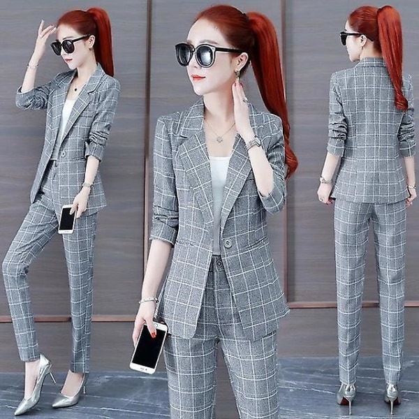 Rutig kostym tvådelad set kvinnor hösten mode koreansk slimmad kavaj jacka och byxa kostym kontor dam grey L 55-60kg