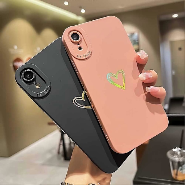 Sött Bling för iPhone XR, Guld Laser Gradient Färg Skiss Plätering Kärlek Hjärta Skal med Linsskydd för Kamera, Mjukt