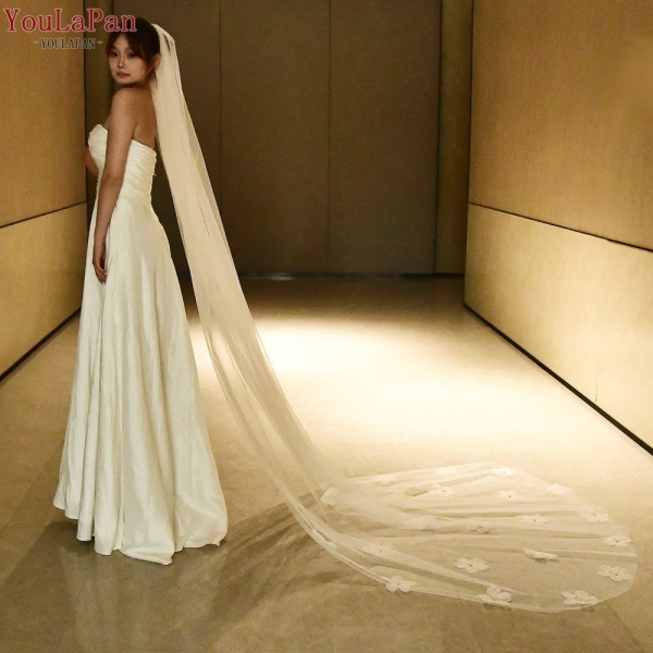 Elegant Brudeslør Blomster Applikation Brudeslør Brude Tilbehør Lang Blomstret Bryllupskjole Ivory 300cm