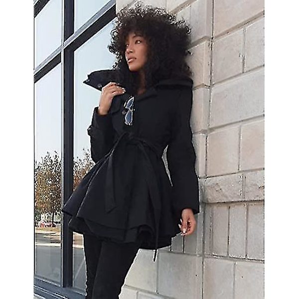 Dam Faux Fur Slag Dubbelknäppt Ullkappa Jacka Black M