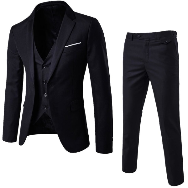 3-delad herr Slim Fit Suit Solid Jacka Väst Byxor Business Set Black M