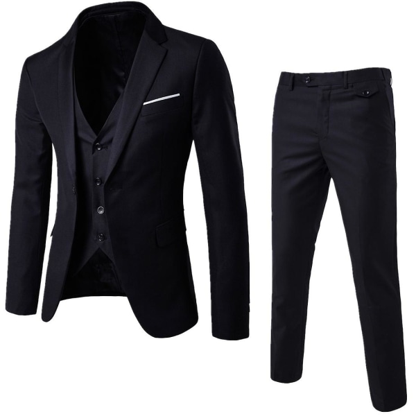 3-delt Slim Fit Herrejakkesæt Ensfarvet Jakke Vest Bukser Business Sæt Black M