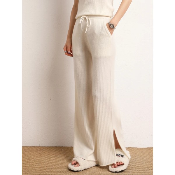 Nya Chic 100% Kashmir Dam Wide Leg Byxor Höst Vinter Casual Hög Kvalitet Mjuka Varma Stickade Drop Mop Byxor Koreansk Mode bai rong L