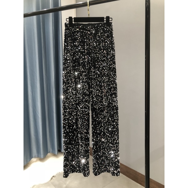Dame Mode Trend Skinnende Guld Bukser Løse Høj Talje Brede Ben Bukser Kvinder Black silver strip L