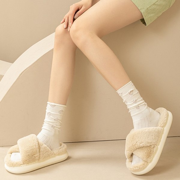 Kryss Bomull Tøfler Innendørs Varme Tøfler Vinter Varme Hjem Plysj Tøfler white-EVA 36-37(fit 35-36)