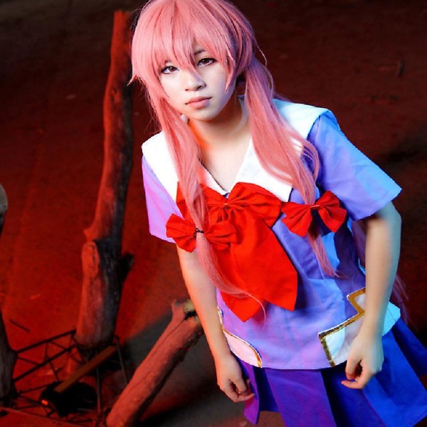 Naisten/tyttöjen The Future Diary Yuno Gasai Cosplay -asu Mirai Nikki toppi hame univormu mekko asu Wig L