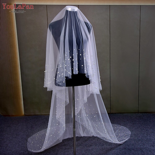 Pärlbröllopsklänning Blush 2-lagers Brudslöja Katedral Längd Draperad Slöja Pärlbroderade Bröllopstillbehör White 150cm