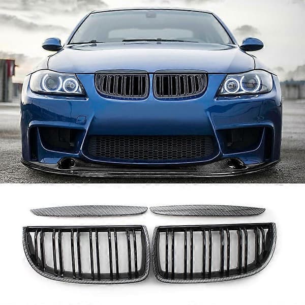 Bil Kulfiber Look Front Kidney Grill Dobbelte Lameller til 3 Serie E90 E91 2005-2008