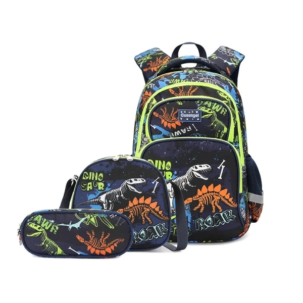Dinosaurie Ryggsäcksset för Pojkar med Lunchlåda Pennfodral Flickor Skolväska Barn Lågstadie Förskola Tecknad Skolväska black Dinosaur 3pcs