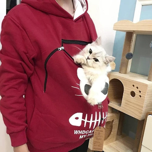 Sweatshirt Katteelsker Hættetrøje Kænguru Hund Kæledyr Pote Pullover Krammetaske Sweatshirt Lomme Red wine L