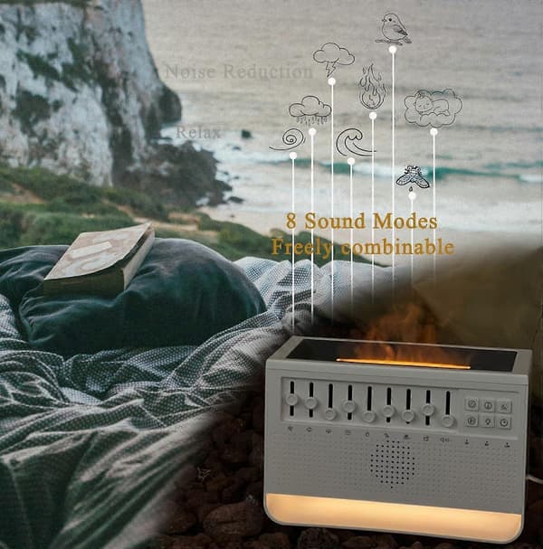 Bluetooth White Noise Machine Flamme Aroma Diffuser, 8 DIY Beroligende Lyder, Stor Tåke Luftfukter for Søvn Meditasjon Yoga og Kontor