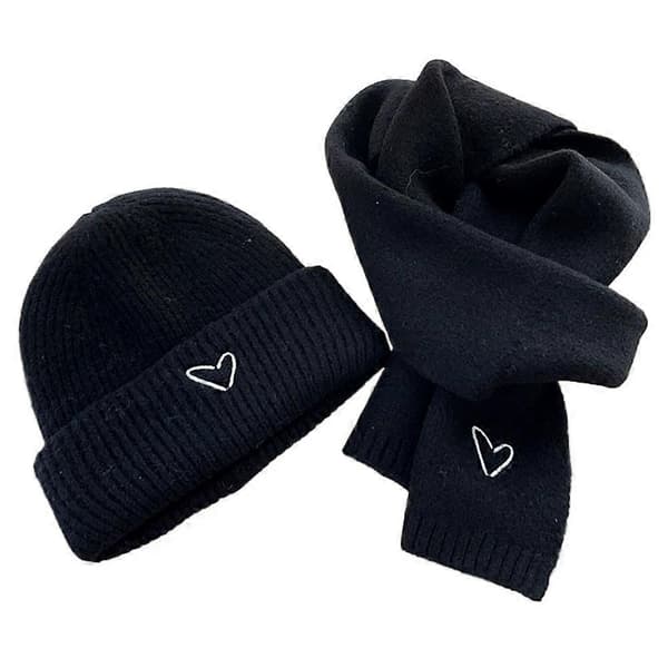 Ensfarget strikket lue og skjerf for barn med hjertebroderi, høst/vinter varm Black