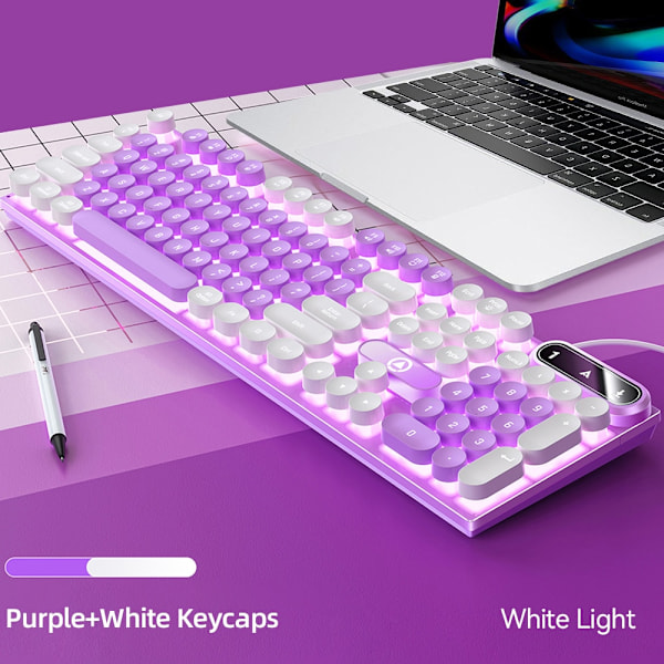 Retro Punk Rund Keycap Gaming Tangentbord Kabelanslutet RGB Bakgrundsbelyst tangentbord USB Bakgrundsbelyst Tangentbord med 104 tangenter purple white