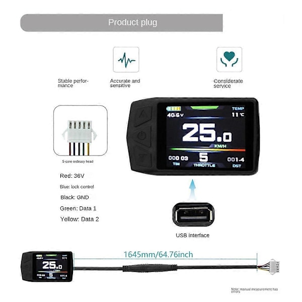 Ebike Display til KT TF01U 24V 36V 48V Intelligent Farverig LCD Meter Vandtæt SM Stik Elect