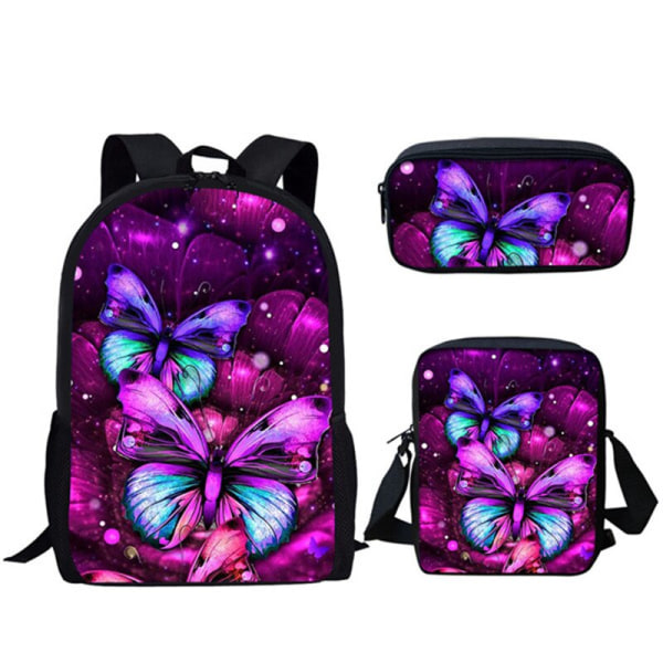 Creative Butterfly Ryggsäck 3 delar/ set Grundskola Pojkar Flickor Skolväska Messenger Bag Case multi