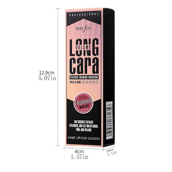 Macfee Mascara med stort børstehoved, vandfast fiber, langvarig, buet og svimmelhedssikker mascara.