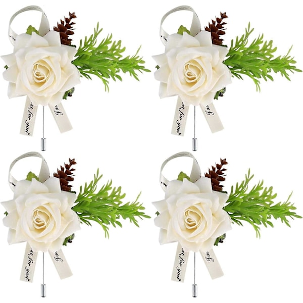 4 stk Bryllupsknapphull, Hvite Rose Corsage Knapphull Blomster med Nål Klipp